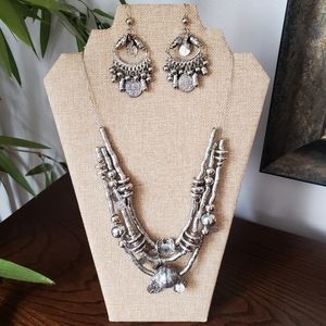 Chicos Silver 3 Tier Necklace & Earrings